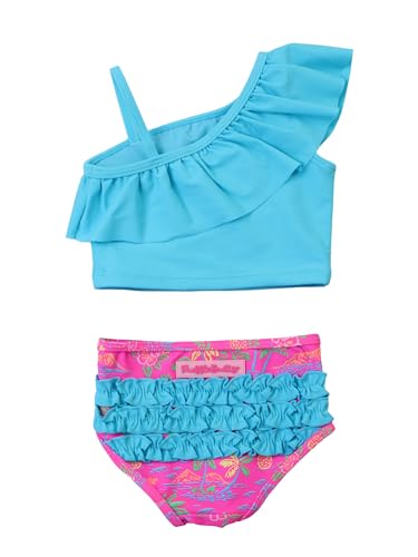 Image of RuffleButts Girls UPF50+ Sun Protection One Shoulder Ruffle Tankini Two Piece Swimsuit
