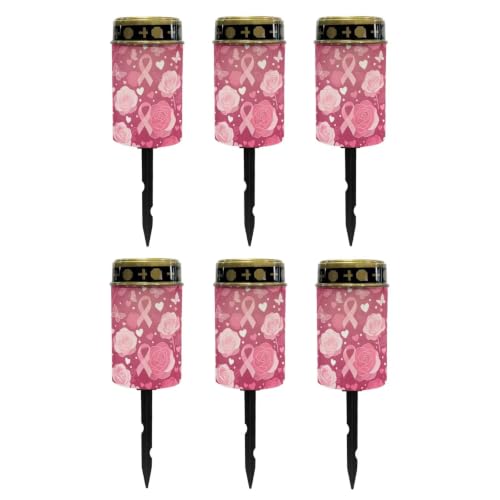 Image of Poceacles Solar Lights Outdoor Solar Powered Outdoor Cemetery Stake Candle Grave Lamp Landscape Lighting Waterproof Grave Flameless Candle, Pink Ribbon Rose Butterfly, Pack of 6
