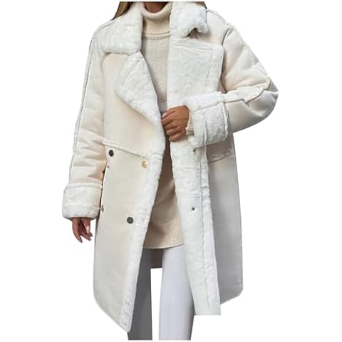 BXINGOHAI Women Winter Coats Sherpa Fleece Lined Puffer Jackets Notched Lapel Double Breasted Pea Coat Trendy Trench Coat White Cover