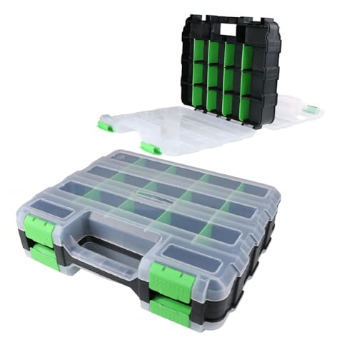 NiuLumea Caja de almacenamiento de herramientas de doble cara con 34 compartimentos extraíbles, tornillos, tuercas y piezas, tapa transparente y asa para el hogar, garaje y taller