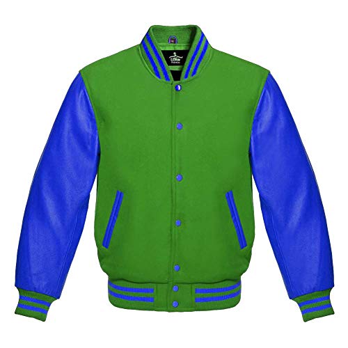 Men's Varsity Baseball Letterman Premium Kelly Green Wool & Genuine Royal Blue Leather Sleeves jackets