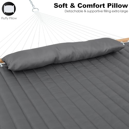Image of GAFETE Hammock 2 Person Quilted Fabric Hammocks for Outside, Double 12ft Hammocks with Spreader Bar, Large Removable Pillow, Storage Bag, Carabiners, Max 475 lbs Capacity (Dark Grey)