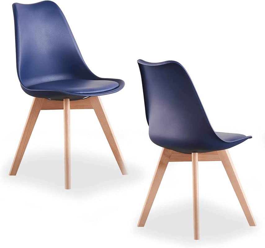 Single Set of 2/4/6 Retro Modern Dining Chairs – Lorenzo Plastic Chairs with Cushioned Pad Seat & Solid Beech Wooden Legs - Side Chair for Living Room Kitchen Office Lounge (Royal Blue, Pack of 2)