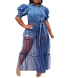 Sexyshine Women's Puff Short Sleeve Button Down Denim Blouse Shirts Sheer Mesh Tulle Patchwork Pleated A-Line Denim Dress(26798LB,XL)