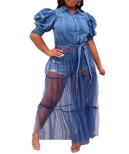 Sexyshine Women's Puff Short Sleeve Button Down Denim Blouse Shirts