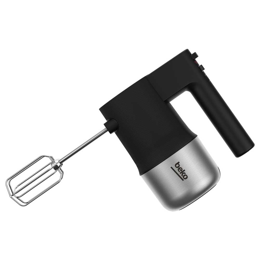 BEKO, Batteur, Puissance : 500 W, 4 vitesses + Turbo, Fouets + crochets en acier inoxydable résistants au LV, Bouton d’éjection, Poignée ergonoique, Noir et Inox