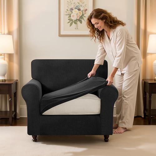 SUBRTEX 3 Pieces Stretch Sofa Slipcover Sets Couch Cover Sets Backrest Cushion Covers Furniture Protector Collection Set for Oversize Sofa Loveseat Chair Slip Covers(Small, Black) - Thumbnail 4