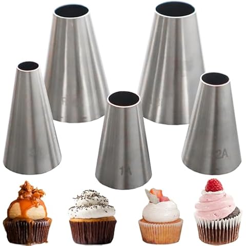 Hendiy 5 Pieces Large Round Piping Tip, Stainless Steel Professional Baking Decoration Tools for Cake Cookies Decorating,Pastry Fondant Cover