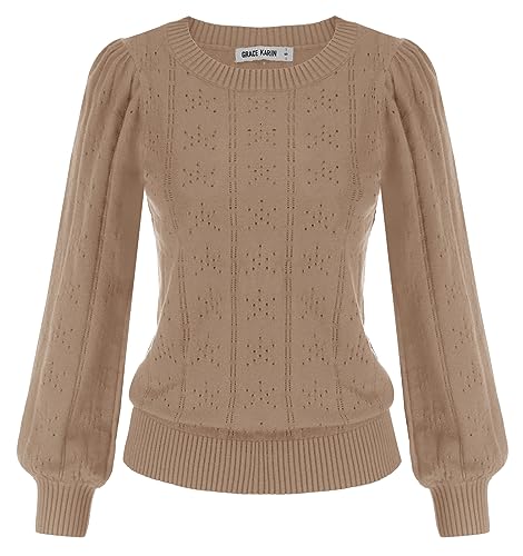 Image of GRACE KARIN Fall Sweaters for Women 2026 Puff Long Sleeve Crewneck Dressy Casual Tops Crochet Hollow Out Cute Pullover Blouse