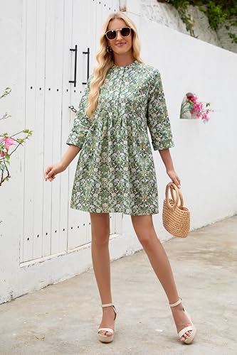 Image of EZAPINE Floral Dress for Women 3 /4 Sleeve Shift Boho Cotton Shirt Dresses | Button Up,Summer,Mini,Above Knee,Casual,for Picnic,Vacation
