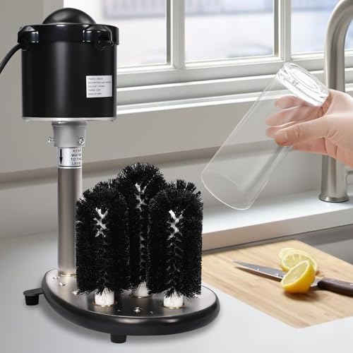 Electric Commercial Glass Washer, 110V 5-Brush Upright Electric Glass Cup Washer Machine Wine Glass Cleaning Machine Bar Glass Washer, 800 Cups/H Submersible Glass Washer for Bars Cafes (Black+Silver)