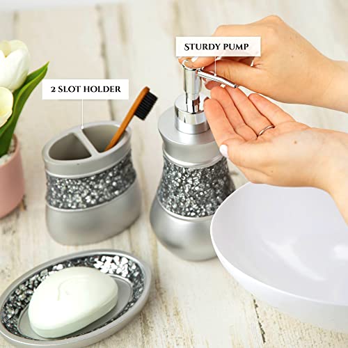 Crackled Glass Silver Bathroom Accessories Set - 6 Piece Bathroom Set Includes: Toilet Brush and Holder Set, Tissue Box Cover, Toothbrush Holder, Soap Dispenser, Soap Dish & Tumbler - Image 6