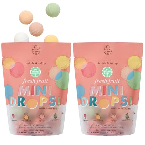 Image of Dabble & Dollop Mini Bath Bombs, Fresh Fruit Scents - Natural Origin, Mixable Scents, Clean Ingredients, No Synthetic Dyes, Toddler & Kids Bath Bombs in Resealable Pouches (Set of 24)