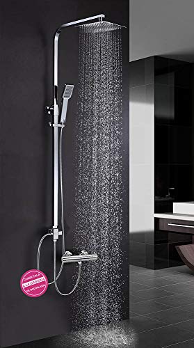 Columna de ducha SIN GRIFERÍA extensible de 80 a 120 cm. cuadrada extraplana. Se conecta a grifos de ducha estandar. Incluye desviador, 2 flexos de 60cm y 175cm, ducha de mano y rociador superior