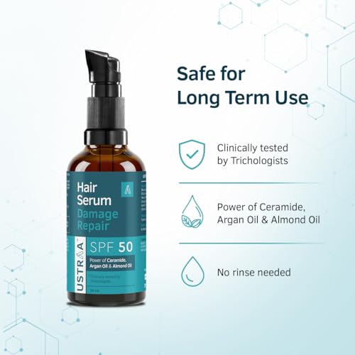 Image of Ustraa Damage Repair Hair Serum SPF 50 for Men - 30 ml | Protects Hair from Sun Damage & Frizz | With Ceramide, Argan Oil & Almond Oil | Smooth, Shiny & Healthy Looking Hair