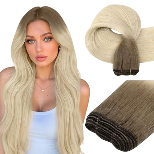 Image of Easyouth 22 Inch Weft Human Hair Extensions Ombre Weft Hair Extensions Human Hair Balayage Ash Brown Fading to Platinum Blonde Human Hair Extension Sew in Add Length and Volume 100G