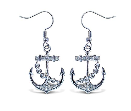 Puzzled Silver Ship Anchor Fish Hook Earrings, 1.5 Inch Fashionable & Elegant Jewelry Rhinestone Studded Earring Teens Women Fashion Ear Accessory