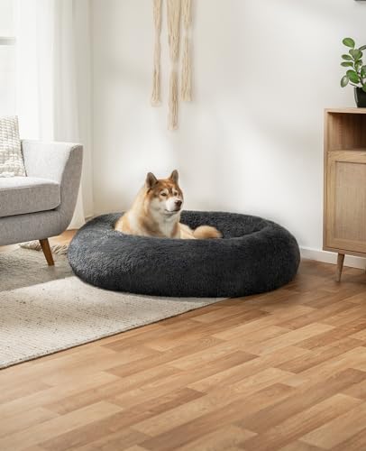 lionto Donutbett für Hunde und Katzen, Flauschiges Hundebett rund für kleine und große Heimtiere, Ø 120 cm, weiches Katzenbett aus kuscheligem Plüsch, Hundekissen mit extra Dicker Füllung, dunkelgrau