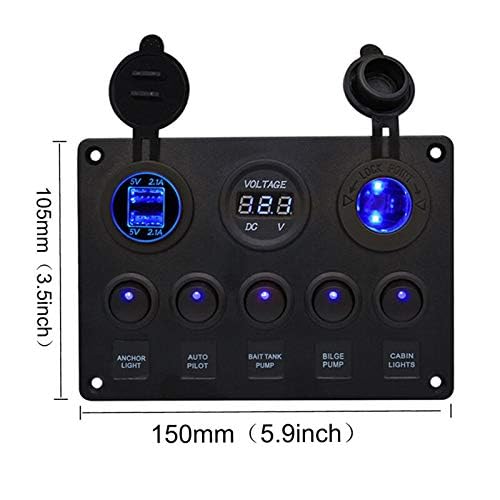 Riloer 5 Gang Rocker Switch Panel Display Dual USB Charger Port DC, Toggle LED Switch Panel Digital Voltmeter, Waterproof for 12-24V Vehicles Truck Marine RV Boat Car, Green Light