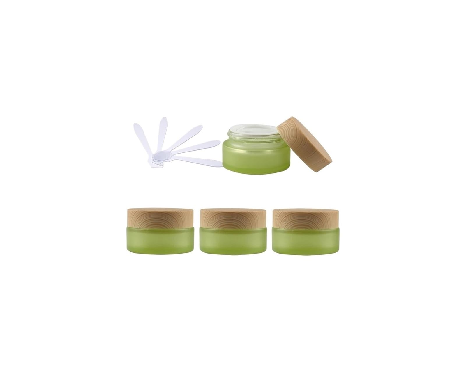 dfEDRd Plastic Cosmetic Jar, 4 PC 50ml Empty Green Glass Cosmetic Jars with Screw Lid, 50g Small Containers Storage Pot + 4X Spatula(20ml)