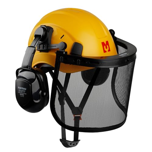Mustbau Casque de Sécurité pour Tronçonneuse, Casque de Protection avec Coquilles Antibruit et Visière en Maille, 53 à 63cm Tour de Tête Réglable Convient pour Forestière, Chantier, Travail - Jaune