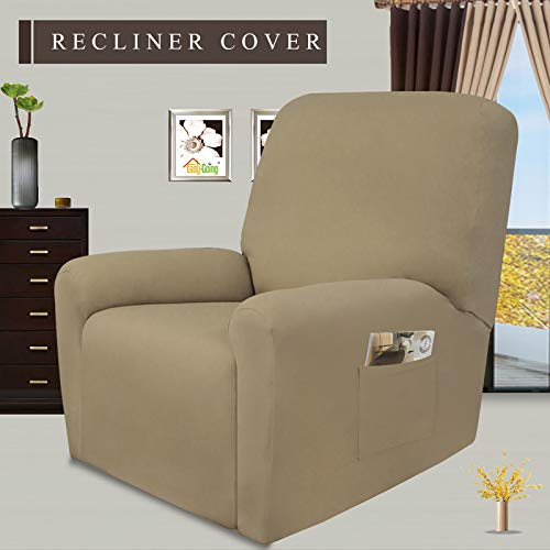 Image of Easy-Going 4 Pieces Microfiber Stretch Recliner Slipcover - Spandex Soft Fitted Sofa Couch Cover, Washable Furniture Protector with Elastic Bottom Kids,Pet (Recliner,Tan)