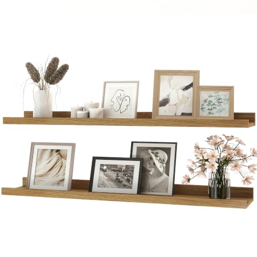 Image of Oak Floating Shelves for Wall Decor, 40 in Shelf with Lip, 2 Set | 4.5 inch Deep Display Picture Ledge Shelf, Long Wall Mounted Storage Shelves for Bedroom, Bathroom, Living Room, Kitchen, Nursery