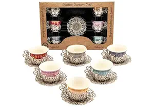 PARK & OZ Premium 12 Pc Turkish Greek Arabic Coffee Espresso Cup Saucer with Metal Holders Porcelain Set | Tea Serving Set for Women, Men, Adults, Guests or for Tea Party - Marbled (Silver)