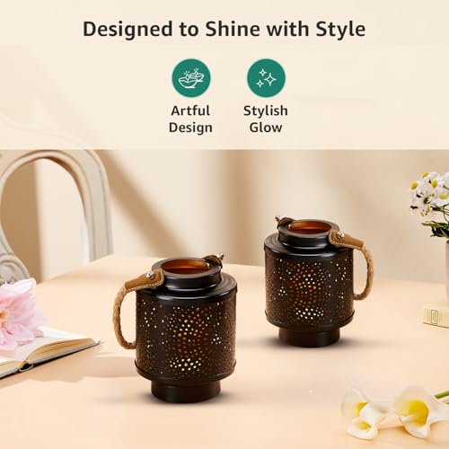 Image of Amazon Brand - Solimo Tea Light Lantern - Round Mandala Design with Handle, Black Iron with Gold Interior, Set of 2 (Size: L-10 cm x W-10 cm x H-13 cm)