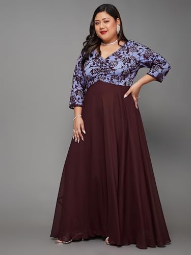Image of Miss Chase A+ Women's Floral Printed Relaxed Fit V -Neck 3 /4Th Sleeve Georgette Maxi Dress