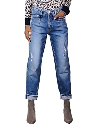 Flamingals Striaght Leg Jeans for Women Mid Rise Boyfriend Ripped Wash Roll Hem Cropped Jeans