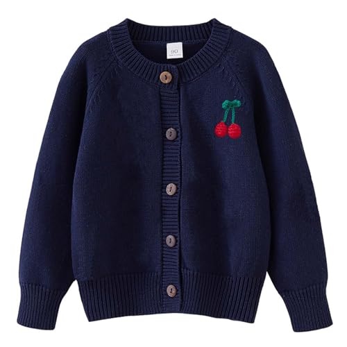 Cárdigan de uniforme escolar para niños, bordado de cereza, algodón suave con cuello en V, con botones, casual, suave, de punto trenzado, para otoño e invierno, 2-8 años, A30 azul marino, 6 años