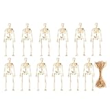 12 Stück Halloween Skelett Deko Mini, Halloween Mini Skelett Figuren Dekoration, mit Hanfseil, Geeignet für Gruselige Hausdeko, Spukhaus-Requisiten, Horror-Party, Beige