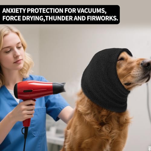 Image of Dog Calming Hoodie Cat Anxiety Relief Cover,Double Layer Thickened Pet Ears Protector Soft Elastic Neck Band Noise Cancelling Ear Muffs for Grooming,Force Drying,Bath,Fireworks (Black, Large)