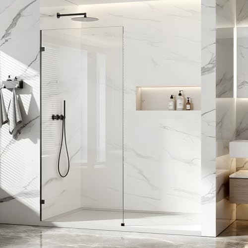 Shower Glass Panel Fixed Shower Screen 36 W x 78 H 3/8 10mm Single Frameless Shower Doors for Walk in Shower with Clear Tempered Glass Explosion-Proof Film for Bathroom Matte Black Hardware