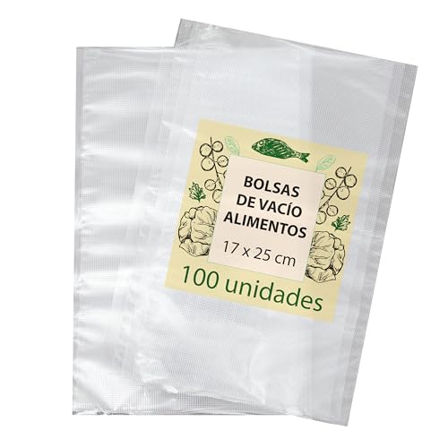 Bolsas Vacio Alimentos 17x25 Cm 100 Uds Compatible con Envasadora Comida Doméstica y Resistentes Reutilizables apta para Sous Vide Baja Temperatura Congelador Envase Transparente Cerrado Saco Gofrada