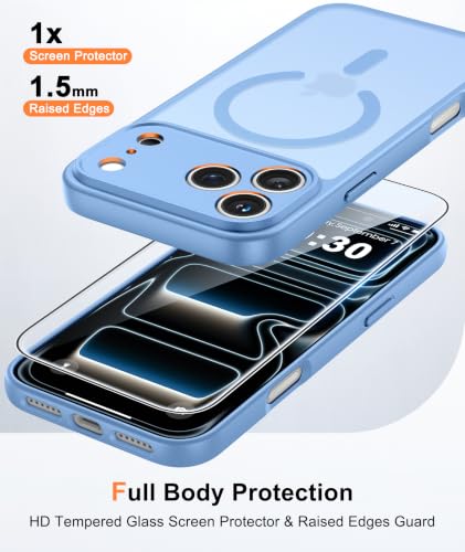 Image of FNTCASE for iPhone 17 Pro-Max Case: Translucent Light Blue Slim Matte Cover Compatible with MagSafe, Full Camera Protection & Tempered Glass Protector, 14FT Military Grade Drop Tested