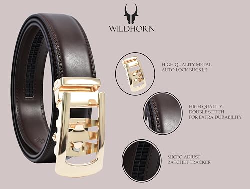 Image of WildHorn Men's Genuine Leather Belt for Men| Premium Auto-Lock Buckle | Adjustable up to 48 inch | Formal & Casual Wear | Micro-Adjust Fit | Stylish Gift Box Included