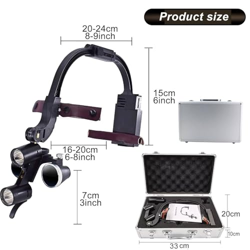 Lente binoculare a LED montata sulla testa, ingrandimento 2,5x/3,5x con altezza regolabile della luce, distanza interpupillare, lente 1,5x e filtro per odontoiatria e laboratorio