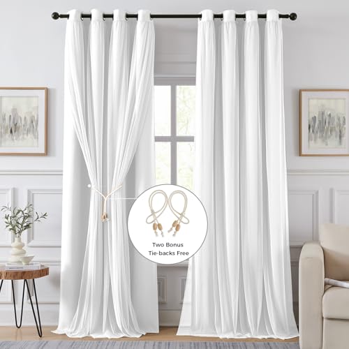 Image of 100% Blackout Curtains for Bedroom, Double Layer White Curtains, Black Out Curtain 72 inch Long with Sheer Overlay for Living Room, Room Darkening Window Drapes with Grommet, 52 inch W x 72 inch L