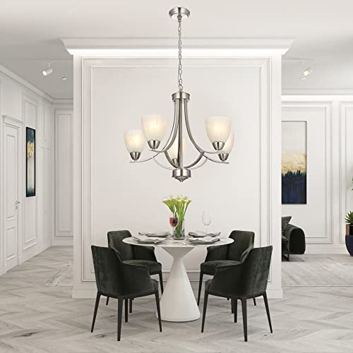 Bonlicht 5 Light Transitional Chandeliers Brushed Nickel Contemporary Dining Room Light Fixtures Ceiling Hanging Modern Pendant Lighting With Alabaster Glass Shade For Living Room Bedroom Foyer Hotel #TOP6