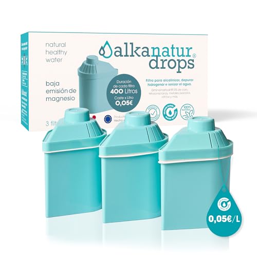 Pack 3 Filtros de Agua Alkanatur Drops Ecológicos de Baja Emisión - Depura Hidrogena Ioniza - Elimina Cloro Metales Pesados Añade Magnesio pH 9 - Cartuchos Libres de Tóxicos - ALKANATUR