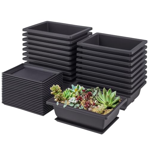 SENJEOK 20PCS Bonsai Training Pots and Tray, Small Plastic Rectangular Bonsai Plants Pot for Indoor Outdoor Garden Yard, 16.5 x 12 x 6cm