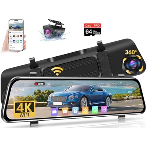 Jelkuz 12" 4K Rear View Mirror Camera with WiFi 2160P Mirror Dash Cam Front and Rear Digital Rear View Mirror Backup Camera for Car & Trucks,WDR & HDR Night Vision Parking Assistance 64GB Card Cover