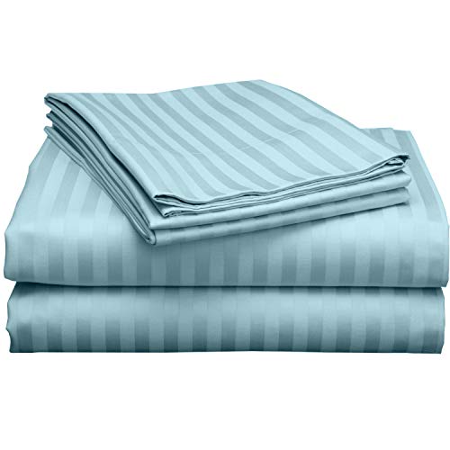 SKS Linen- 500 Thread Count Light Blue Stripe(Queen) Bed-Sheet Set-Highly Breathable 100% Long Staple Egyptian Cotton, Woven Stripe 4 Piece 15''Inch Drop Length Hotel Quality, OekoTex Certified