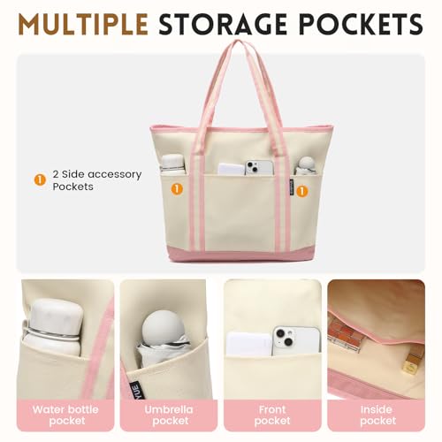 Image of Large Canvas Tote Bag for Women, Beach Bag with Zipper, Utility Tote Bag with 3 Front Pockets, Weekender Pool Bag