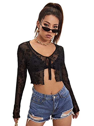 Floerns Women's Sheer Mesh Long Sleeve Open Front Self Tie Crop Top Without Bra Black M - Image 5