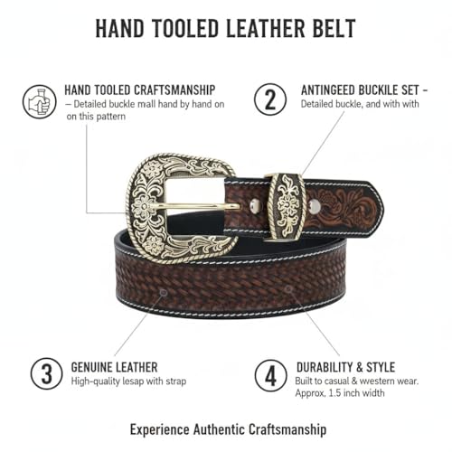 Image of Western Leather Belt for Men & Women, Floral Embossed Cowhide, Durable Rodeo Style for Jeans, Casual Wear & Country Outfits