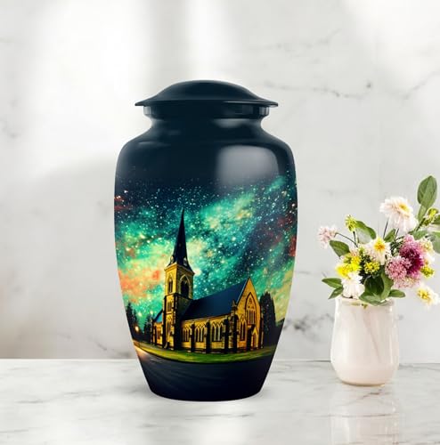Image of Personalized Church Steeple Night - Funeral Urns For Men - Large Cremation Urn For Ashes For Women - Unique Burial Urns - 10 Inch - Large With Velvet Bag - Adult Decorative Urn For Mom & Dad