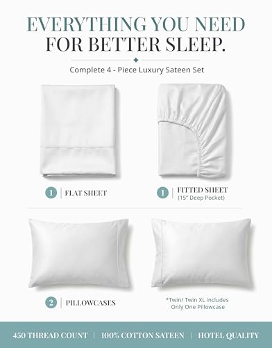 Image of LANE LINEN King Size Sheets Set - 450 Thread Count Long-Staple 100% Cotton Sheets, Naturally Cool & Durable for Everyday Use, 15 inch Deep Pocket Fitted Sheet with All-Around Elastic for Snug Fit - White